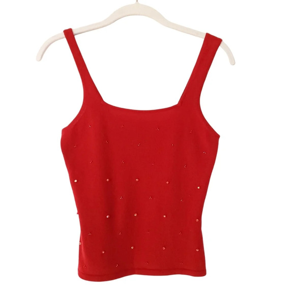 INC Blouse Tee Women's Small 100% Cashmere Red Top Sleeveless Beeds Detail Strap - Picture 5 of 12